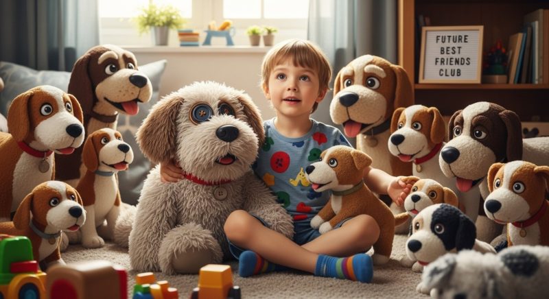 ילד חמוד יושב במרכז החדק שלו מוקף בבות כלבים שנראות אמיתיות וכולם בוהים כאילו למנורה או משהו דומה
